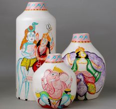 Handcrafted Ceramic Kalighat Shiva Parvati Family Decorative Vase Set of 3